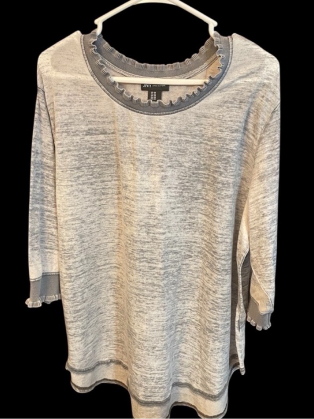 Jones New York Beige and Gray Long Sleeve Ruffle Trim Top